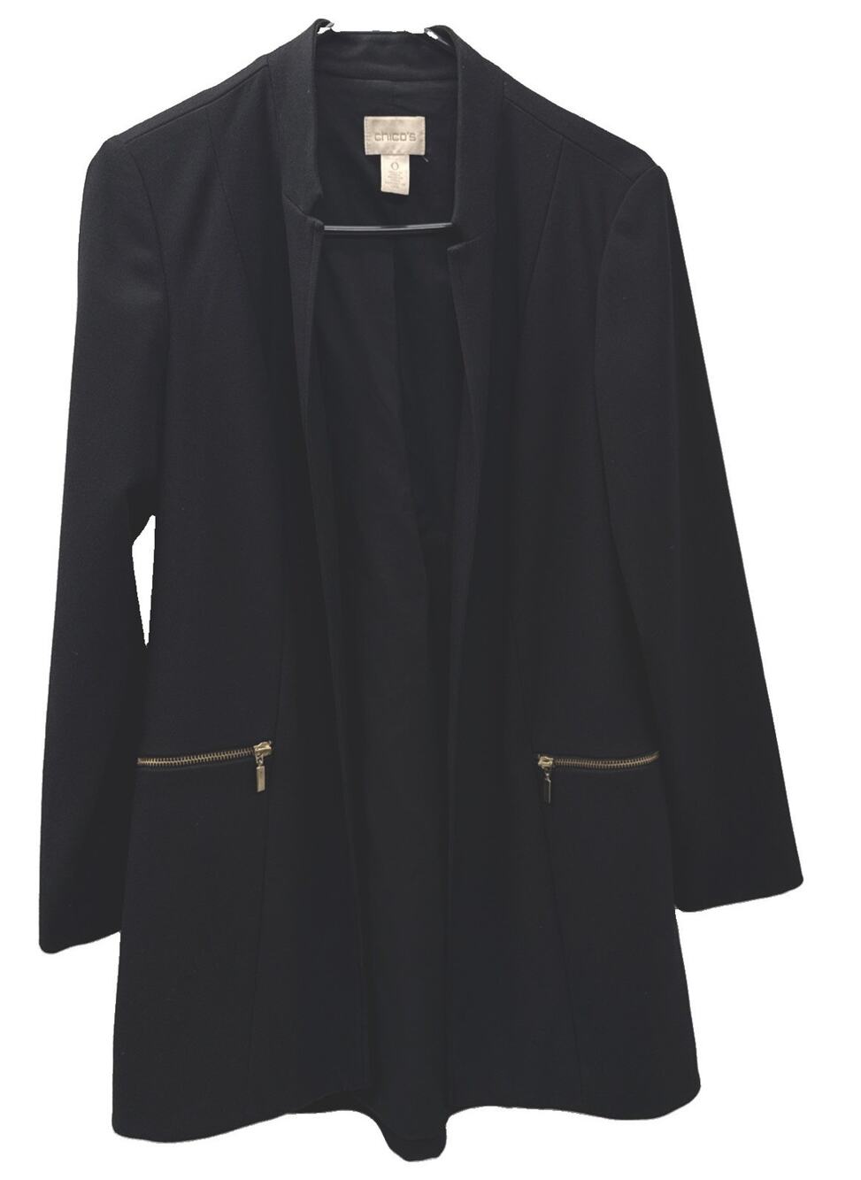 Chico's 0 Sz Small Jacket Black Sleek Crepe Duster Long Sleeve Gold Zip Open